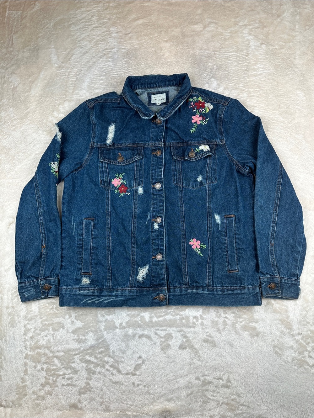 Wax Jean Women’s L Denim Jacket Floral Embroidered Distressed Dark Wash Boho